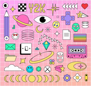 Moda retro elementler ayarlandı. Eğlenceli y2k tarzı grafikler modaya uygun 90 'ların çizgi film tarzında paketlenir. Düz soyut retro şekiller poster tasarımı için paketlenir. Vektör illüstrasyonu 