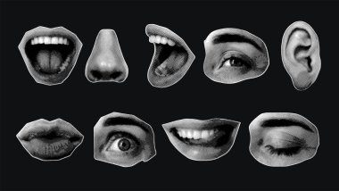 Pankart, poster ve kart tasarımı için yarım ton elementler. Modaya uygun yarım ton kolaj elleri hazır. El hareketleri, dudaklar, ağız, burun kulağı. Çağdaş vektör illüstrasyonu.