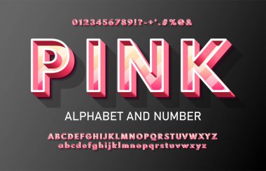 İnce çizgili ve çizgili modern pembe hacimli 3D alfabe. İşaretleri, sembolleri ve numaraları olan şık kentsel 3B yazı tipi. 