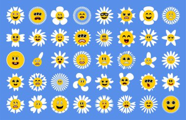 Gülen komik yüzlü Daisy çiçekleri. Çizgi film modası geçmiş sevimli papatya çayı karakterleri. Mutlu mutlu papatyalar. Çiçek açan papatya çiçeği emojisi.