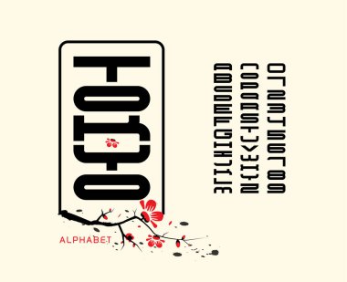 İngilizce harf ve sayılardan oluşan Asya yazı tipi ve alfabesi. Modern Asya vektör alfabesi veya yazı tipi Japonca, Çince ve Korece doğu stillerinde.