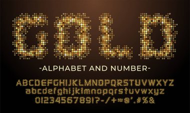 Altın parıldayan noktalardan yapılmış altın yazı tipi. Büyük harf, sayı ve sembollerle parıldayan altın alfabe.