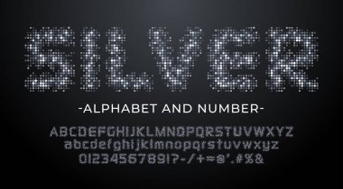 Gümüş parıldayan noktalardan yapılmış gümüş yazı tipi. Büyük harf, sayı ve sembollerle parlayan metalik alfabe.