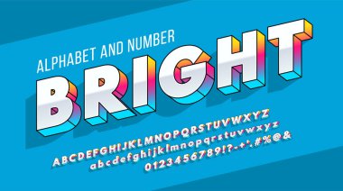 İtalyan gümüşi, kalın, 3D yazı tipi ve parlak bir eğim. Büyük, küçük harflerle, sembollerle ve sayılarla renklendirilmiş alfabe