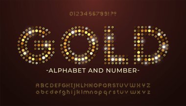 Altın parıltılı pullardan yapılmış altın yazı tipi. Parlak altın noktalardan oluşan alfabe, parlak sayılar, büyük ve küçük harflerle..