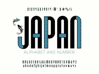 Japon Biçimli Latin Alfabesi - Geleneksel Mavi desenli Siyah Modern Yazı Tipi, Harfler, Sayılar ve Semboller.