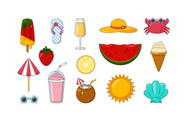 Tatlı Yaz Çizgi Filmi Doodle Vektör Simgesi Seti. Eğlenceli El Çizimi Yaz Elementleri koleksiyonu beyaz arka planda izole edildi. Posterler, Desenler, Çıkartmalar ve Tasarım Projeleri için Seyahat Ögeleri.