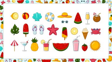 Tatlı Yaz Çizgi Filmi Doodle Vektör Simgesi Seti. Eğlenceli El Çizimi Yaz Elementleri koleksiyonu beyaz arka planda izole edildi. Posterler, Desenler, Çıkartmalar ve Tasarım Projeleri için Seyahat Ögeleri.