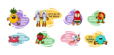 Yaz Karikatür Çıkartma Seti. Y2K Retro Style, Funny Doodle Patches ve Etiketleri 'ndeki Şirin Çizgi Karakterler. Yaz Tatilleri, Seyahat ve Plaj Temalı Projeler İçin Moda Enerjisi Tasarımı