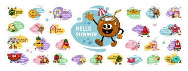 Yaz Karikatür Çıkartması Mega Seti. Y2K Retro Style, Funny Doodle Patches ve Etiketleri 'ndeki Şirin Çizgi Karakterler. Yaz Tatilleri, Seyahat ve Plaj Temalı Projeler İçin Moda Enerjisi Tasarımı