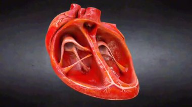 Kalp enine kesiti dört odayı gösteriyor: sağ atriyum, sağ ventrikül, sol atriyum ve sol ventrikül. Triküspid, mitral ve ana damarlar gibi kan akış yollarını aydınlatan kapakçıkları gösteriyor..