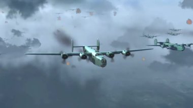 B-24 Liberator bombardımanının 3 boyutlu animasyonu uçağın uçuş düzenini, bombaların düşüşünün ve çarpışma etkilerinin görsel detaylarını içeren bombaları bir hedefin üzerine bırakarak, savaş sahnesinin tarihsel görüntülerini görüntüleyebilir..