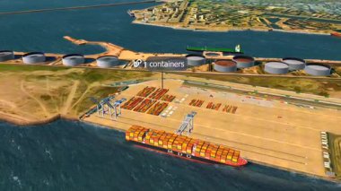 Kargo gemileri, vinçler ve boşaltılmış konteynırları gösteren 3 boyutlu bir animasyon..