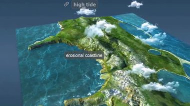 3D animation shows cliffs, wave-cut platforms, sea arches, and stacks forming by coastal erosion.