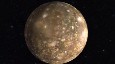 Callisto, Jüpiter 'in uydusunu gösteren üç boyutlu bir animasyon ağır kraterli yüzeyi, buzlu kabuğu ve ince atmosferiyle..