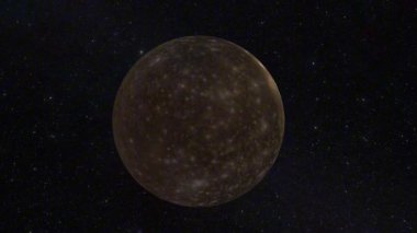 Üç boyutlu bir animasyon Callisto 'yu, Jüpiter' i, uydusunu, buzlu yüzeyini, çarpışma havzalarını ve antik jeolojisini gösteriyor..