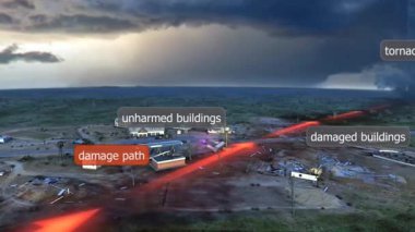 3D animation shows rotating funnel cloud forming from storm base, touching ground with debris swirl.
