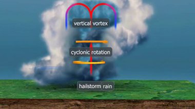 3 boyutlu bir animasyon, süperhücre oluşumunu sıcak, nemli hava yükselirken gösteriyor ve hortumları oluşturan dönen hava akımları yaratıyor..