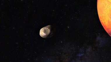 3 boyutlu animasyon, Mars 'ın küçük uydusu Deimos' un düzensiz şeklini ve uzak yörüngesini vurguluyor..