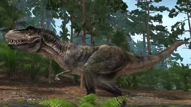 3 boyutlu animasyonlarda Tyrannosaurus rex, tarih öncesi çağda büyüklüğünü, özelliklerini ve av davranışlarını vurguluyor..