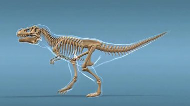 3D animasyon, iskelet yapısı ve dinozor adaptasyonlarına odaklanarak Zorba Kertenkele iskeletini gösteriyor..