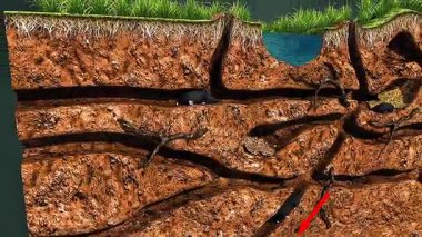 Avrupa köstebek yaşam alanının 3D animasyonu, yeraltı tünel sistemini ve yuva yapısını vurguluyor.