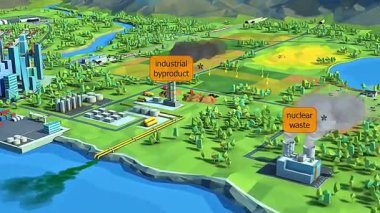 Endüstriyel kirliliği, emisyonları, atıkları ve çevresel etkileri gösteren 3D animasyon.