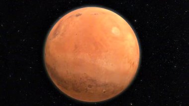 Mars 'ın 3 boyutlu animasyonu kraterli yüzeyi, kutup buzullarını, ince atmosferi ve kırmızımsı toprağı gösteriyor..