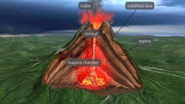 Katmanlı lav, kül ve dik koni şekilli Stratovolcano yapısı detaylı 3D animasyon ile gösterilir.