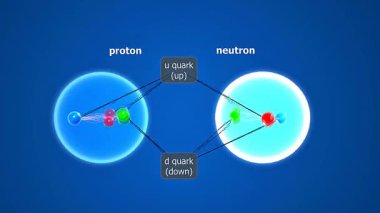 Nükleon tipprotonları ve nötronları atom çekirdeğinin farklı renklerinde gösteren 3D animasyon.