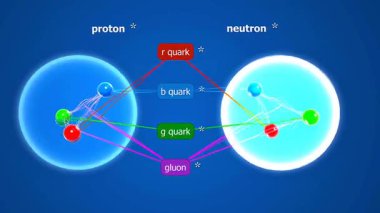 Nükleonsprotonları ve nötronları güçlü bir kuvvetle atomik çekirdeğin içinde gösteren 3D animasyon.