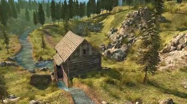 Bir hidroelektrik su değirmeninin 3 boyutlu animasyonu akan suyu değirmencilik için mekanik enerjiye dönüştürüyor..