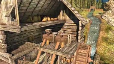 İç su değirmeni yapısının 3 boyutlu animasyonu su çarkı, dişliler, şaft ve değirmen taşı mekaniklerini gösteriyor.