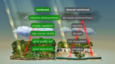 3D animasyon ormansızlaşmanın çevresel ve ekolojik sonuçlarını gösteriyor, erozyondan nesli tükenmeye.