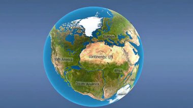 Dünya 'nın 3 boyutlu animasyonu 7 kıtayı ve 5 okyanusu etiketli sınırlar ve yüzey dokusuyla gösteriyor.