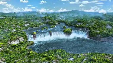3D animation captures cascading waterfall plunging over cliffs, forming mist, pools, and erosion patterns.