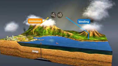 3D animation illustrating the carbon cycle binding mechanism, showing how carbon bonds form and transfer between molecules and reservoirs.