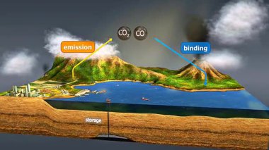3D animation showing carbon binding through chemical reactions in plants, oceans, and soil systems.