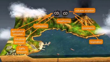3D animation visualizing carbon emissions from fossil fuels, deforestation, and industrial activities.