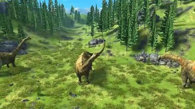 3D animation of an Apatosaurus herd in a forest, showing group movement and natural habitat.