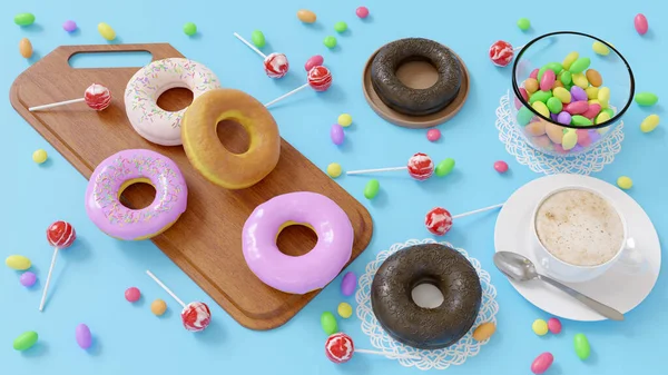 Köstliche Donuts Mit Schokolade Braun Und Erdbeere Serviert Auf Holzbrett — Stockfoto