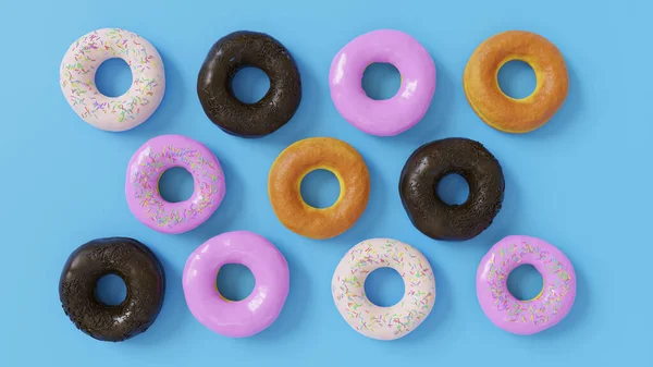 Donuts Surtidos Con Coloridos Iconos Sobre Fondo Azul Fondo Rosquillas — Foto de Stock