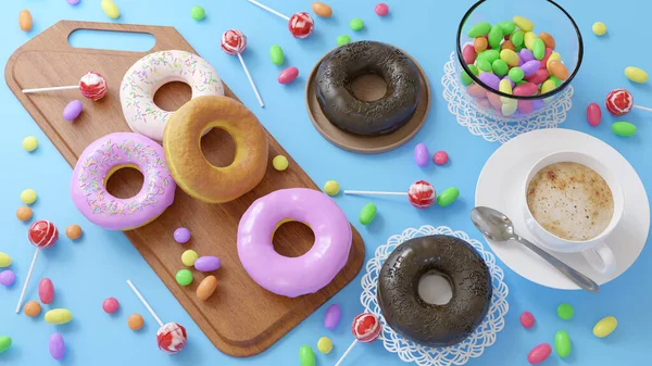 Köstliche Donuts Mit Schokolade Braun Und Erdbeere Serviert Auf Holzbrett — Stockfoto
