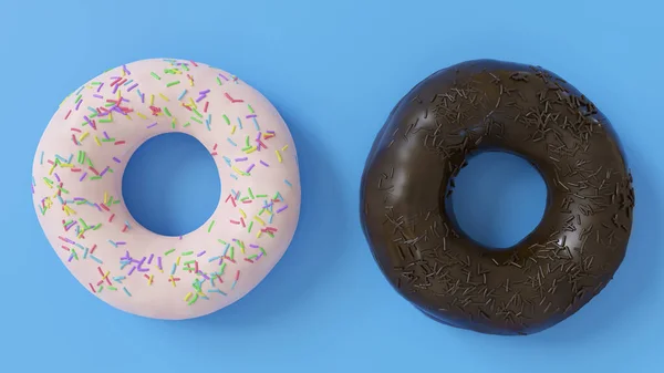 Dunkle Schokolade Und Weiße Schokolade Leckere Glasierte Donuts Auf Blauem — Stockfoto