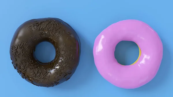 Dunkle Schokolade Und Rosa Glasierte Donuts Auf Blauem Hintergrund — Stockfoto