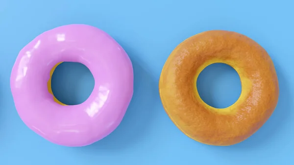 Roh Braune Und Rosa Leckere Glasierte Donuts Auf Blauem Hintergrund — Stockfoto