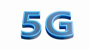 5G logo tasarımı, geleceğin 5G ağ bağlantısının bir sembolü. Neon mavisi parıltı. 3d oluşturma
