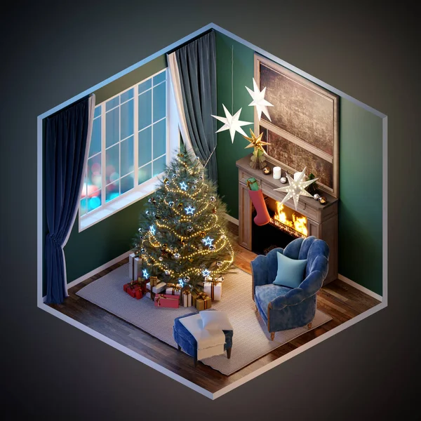 Christmas living room for warm evenings with Christmas tree, chandelier, sofa, Christmas gift. 3d rendering. Cubic concept