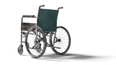 Tekerlekli sandalye. Hastalık, sakatlık ya da sakatlık durumunda nakil koltuğu, tıbbi destek ekipmanları. Beyaz arka planda. Kırpma yolu dahil.