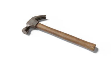 Tahta saplı bir çekiç, beyaz bir arka plan ve kırpma yolu.